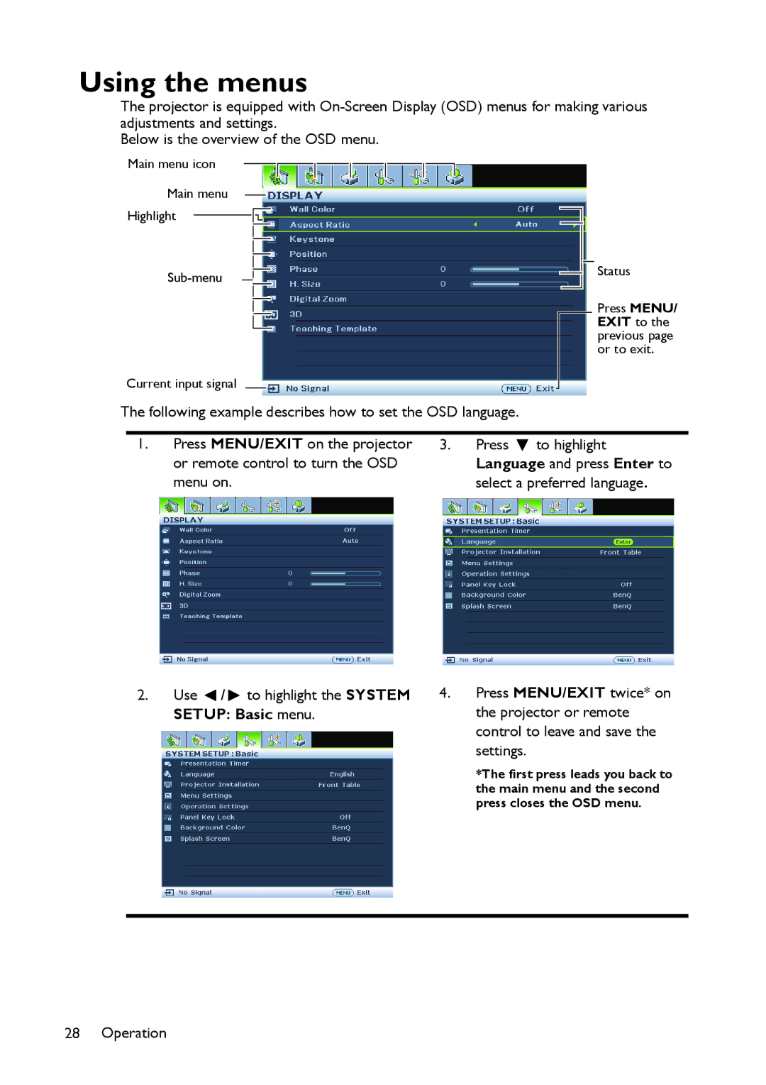 BenQ MS517 user manual Using the menus 