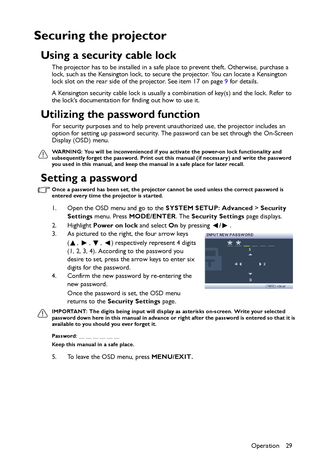 BenQ MS517 Securing the projector, Using a security cable lock, Utilizing the password function, Setting a password 