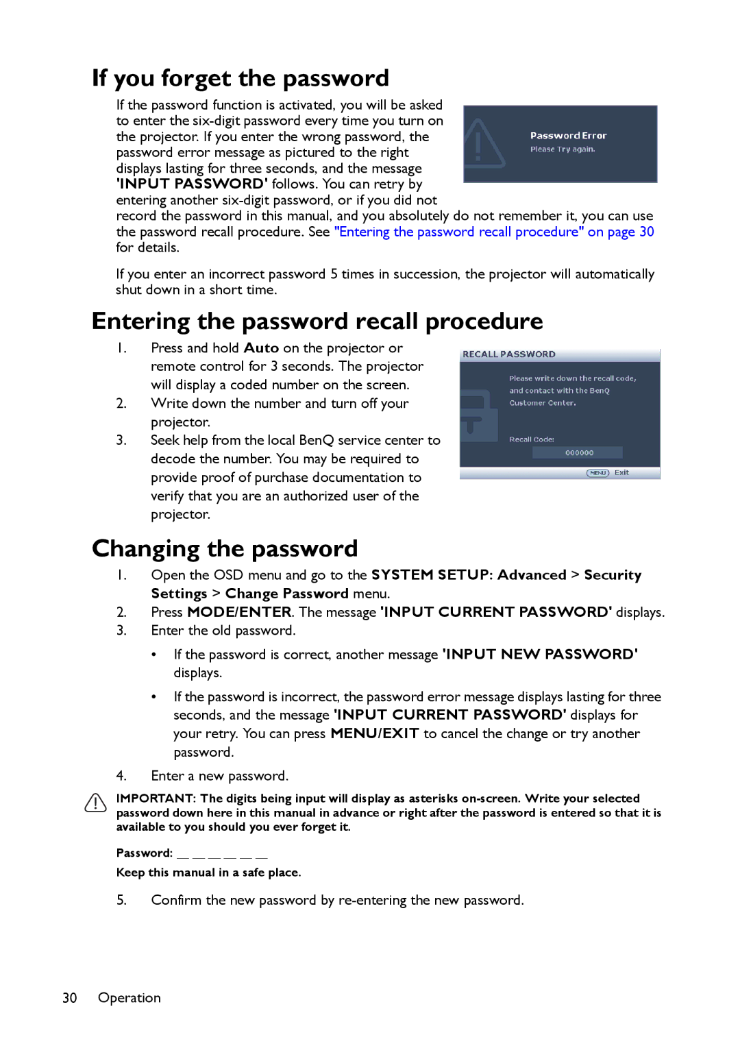 BenQ MS517 user manual If you forget the password, Entering the password recall procedure, Changing the password 