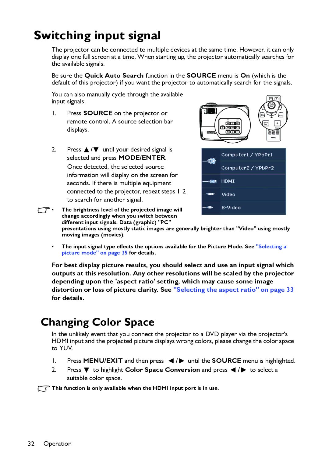 BenQ MS517 user manual Switching input signal, Changing Color Space 