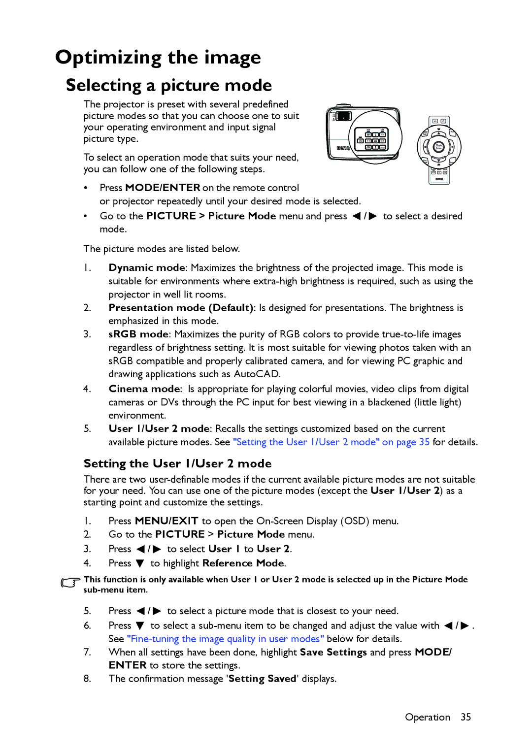 BenQ MS517 user manual Optimizing the image, Selecting a picture mode, Setting the User 1/User 2 mode 