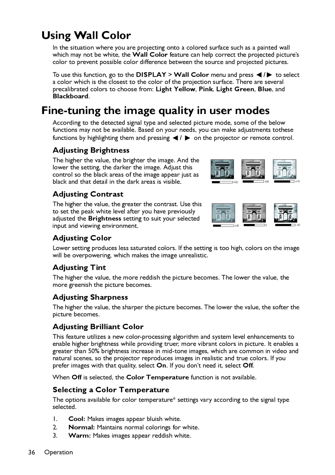 BenQ MS517 user manual Using Wall Color, Fine-tuning the image quality in user modes 