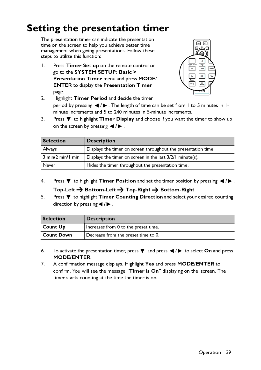 BenQ MS517 user manual Setting the presentation timer, Selection Description, Top-Left Bottom-Left Top-Right Bottom-Right 