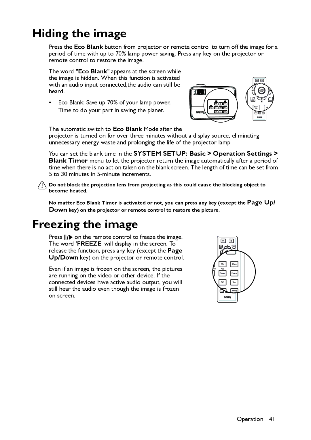 BenQ MS517 user manual Hiding the image, Freezing the image 