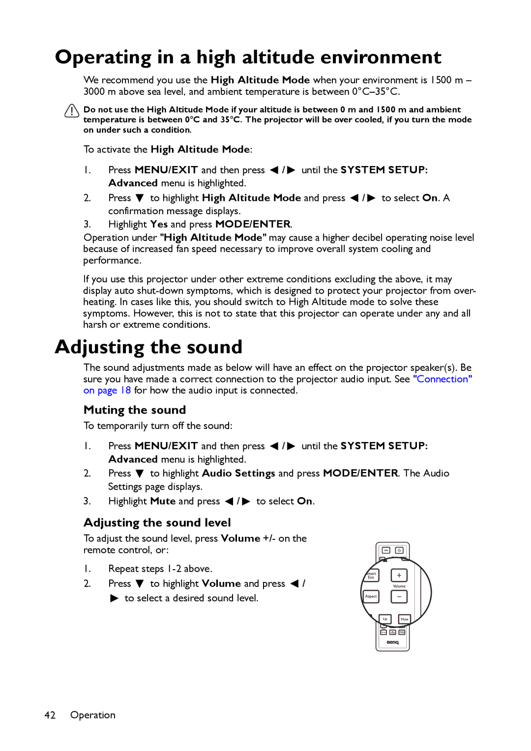 BenQ MS517 user manual Operating in a high altitude environment, Muting the sound, Adjusting the sound level 