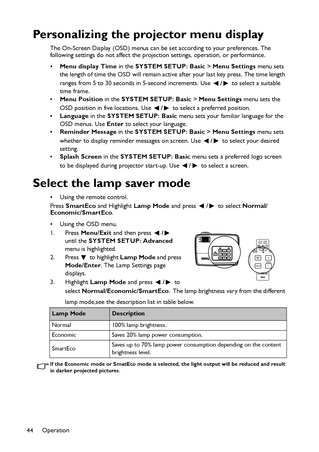 BenQ MS517 user manual Personalizing the projector menu display, Select the lamp saver mode, Lamp Mode Description 