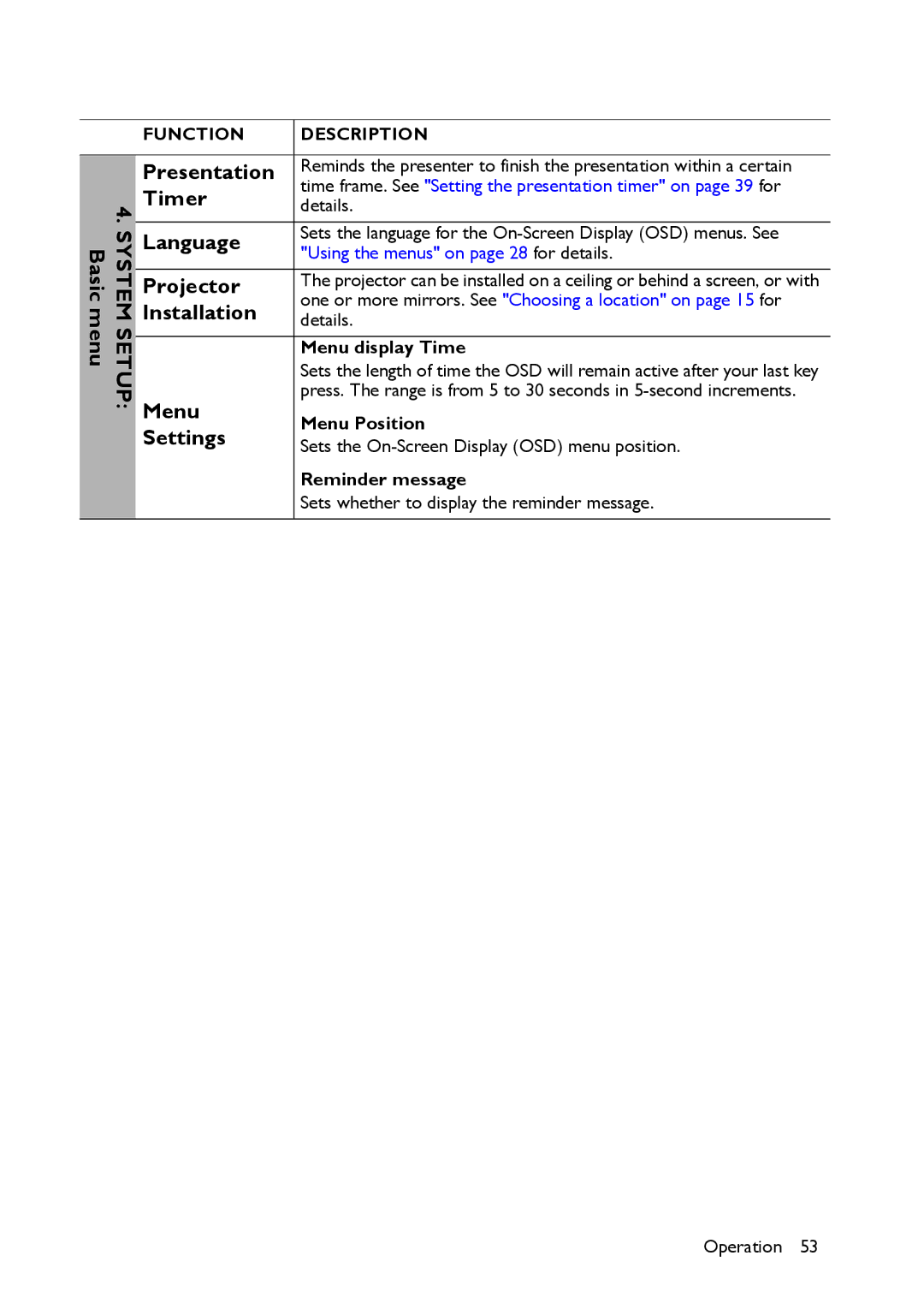 BenQ MS517 user manual Presentation, Timer, Language, Projector, Installation, Menu, Settings 