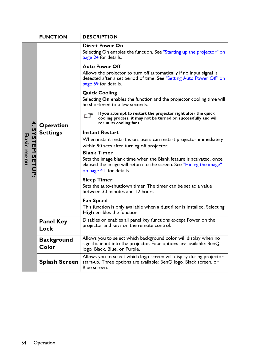 BenQ MS517 user manual Basic menu, Operation, Panel Key, Lock, Background, Splash Screen 