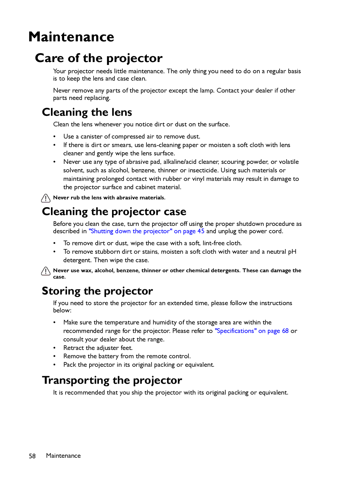 BenQ MS517 user manual Maintenance, Care of the projector 