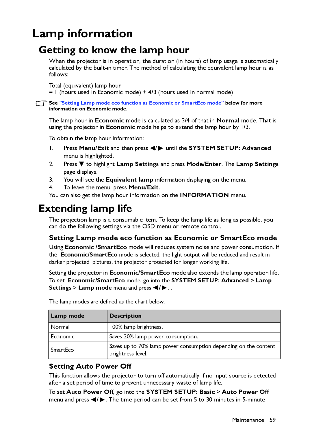 BenQ MS517 user manual Lamp information, Getting to know the lamp hour, Extending lamp life, Setting Auto Power Off 