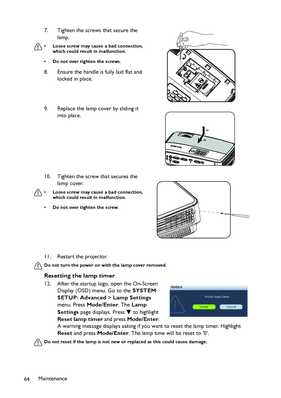 BenQ MS517 user manual Resetting the lamp timer 