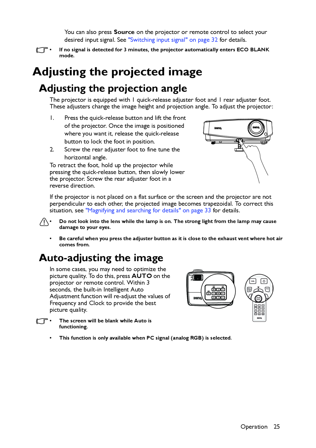 BenQ MS517 user manual Adjusting the projected image, Adjusting the projection angle, Auto-adjusting the image 