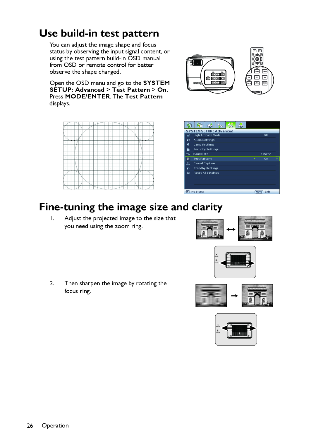 BenQ MS517 user manual Use build-in test pattern, Fine-tuning the image size and clarity 
