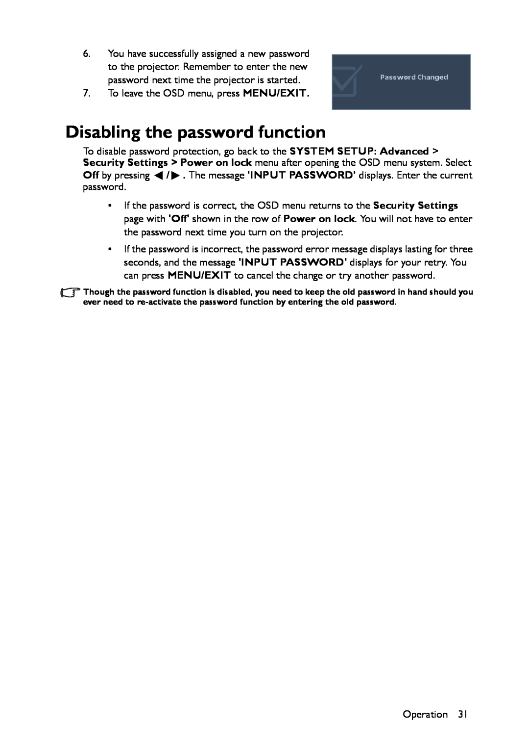 BenQ MS517 user manual Disabling the password function 