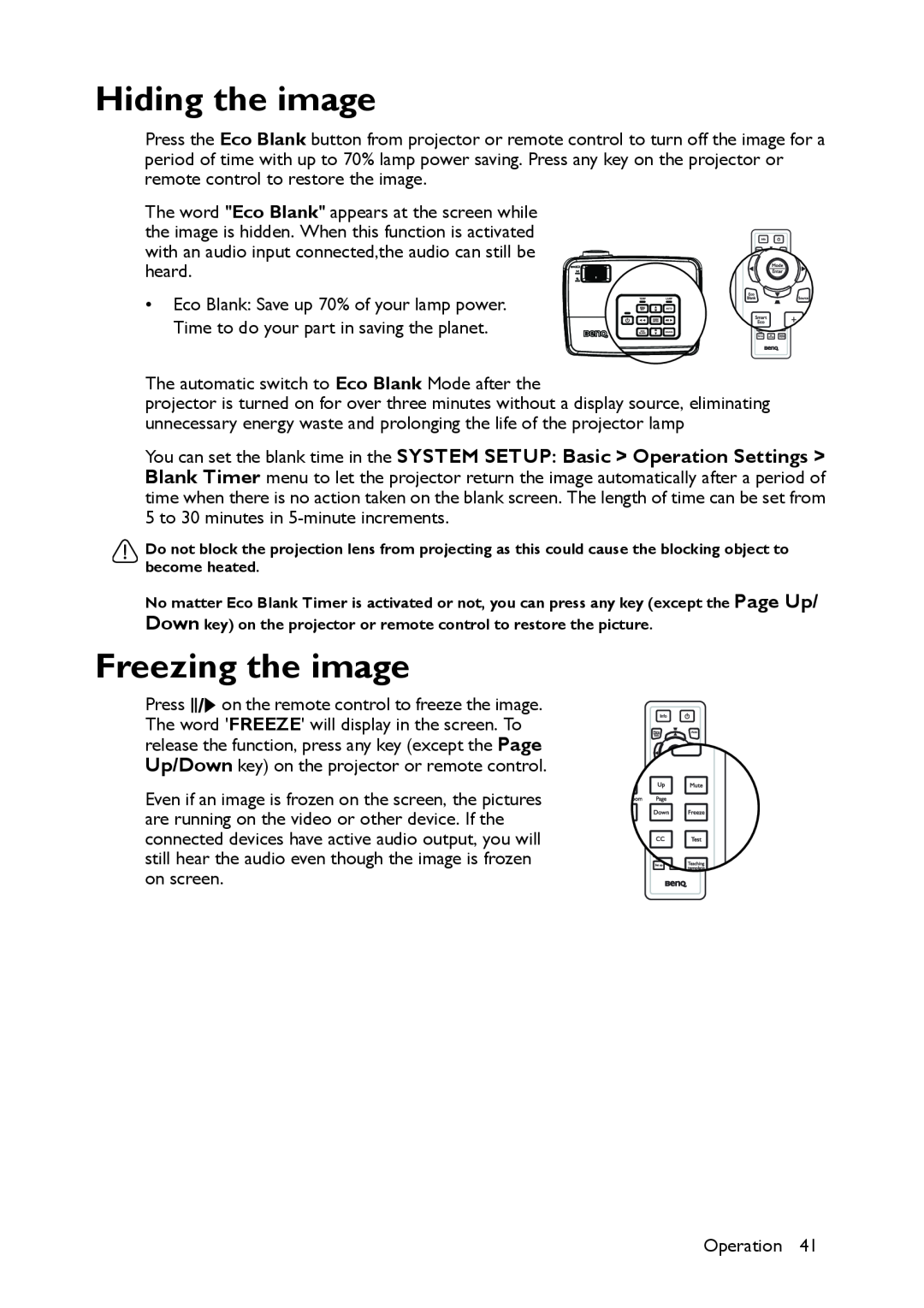 BenQ MS517 user manual Hiding the image, Freezing the image 