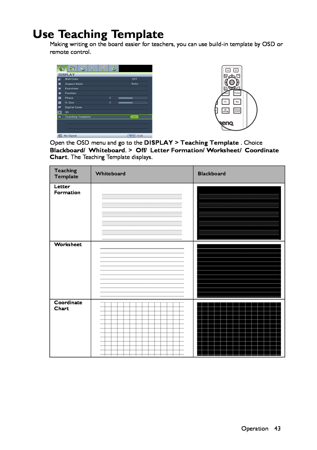 BenQ MS517 user manual Use Teaching Template, Whiteboard, Blackboard, Letter, Formation, Worksheet Coordinate Chart 