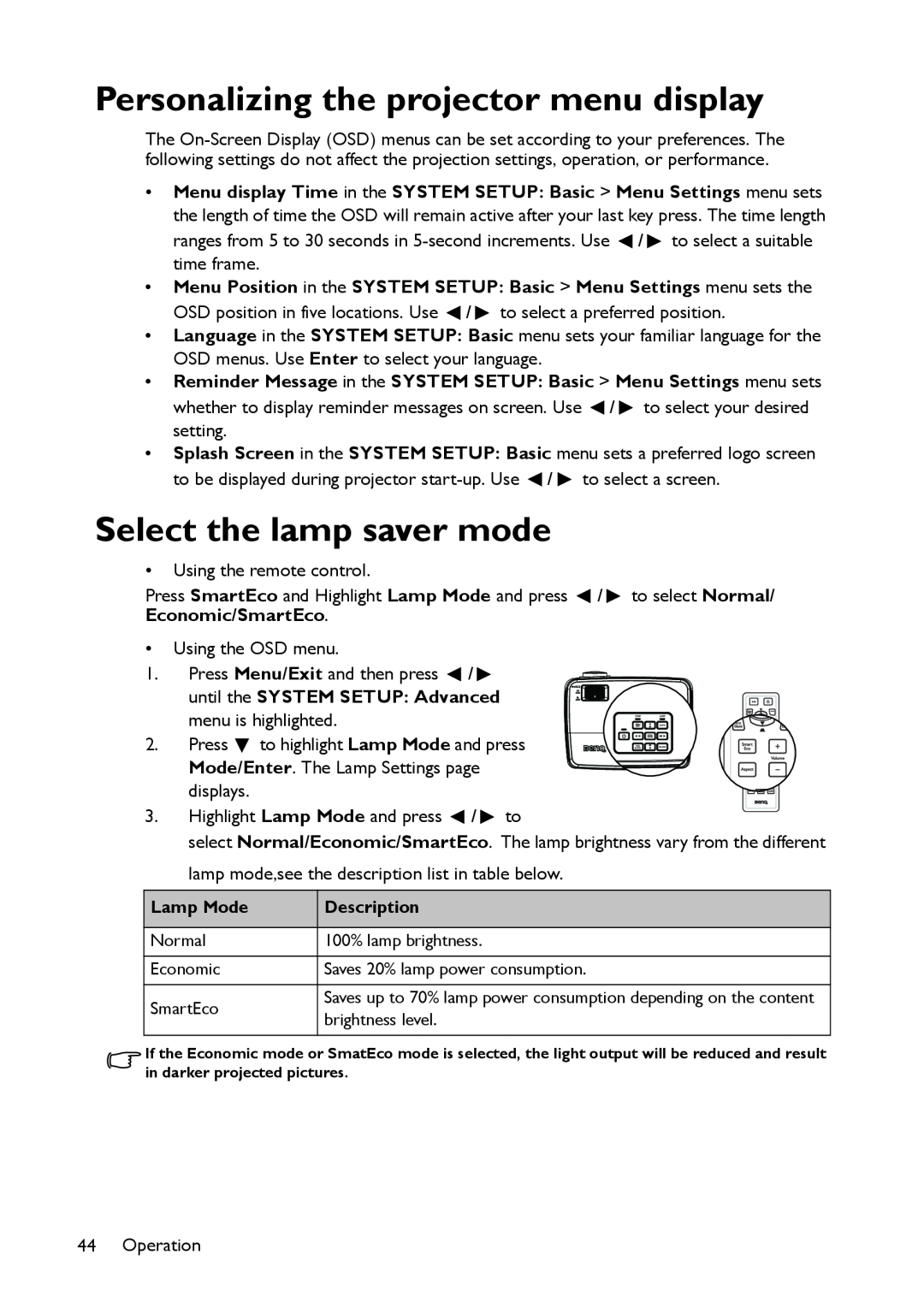 BenQ MS517 user manual Personalizing the projector menu display, Select the lamp saver mode 