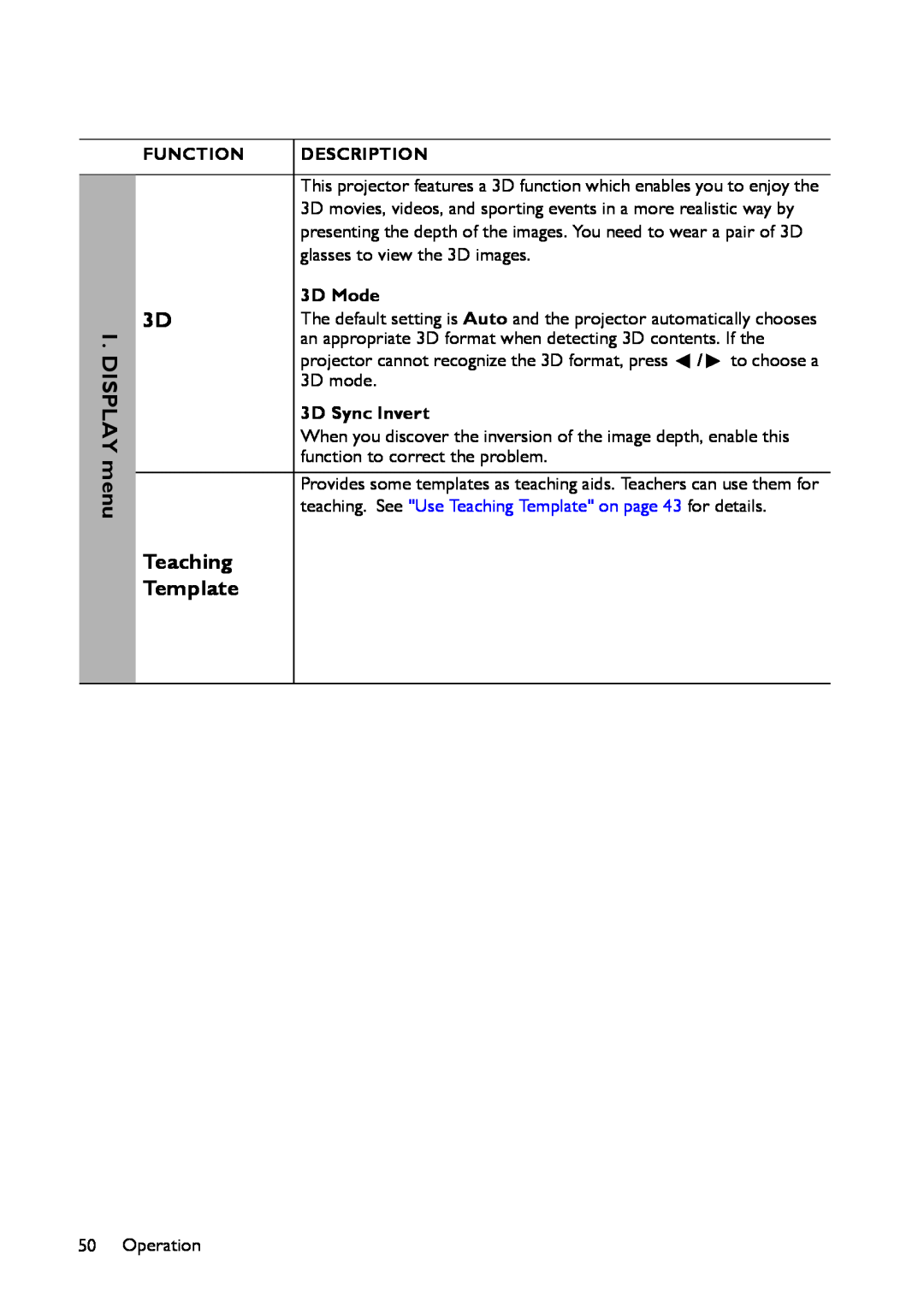 BenQ MS517 user manual teaching. See Use Teaching Template on page 43 for details 