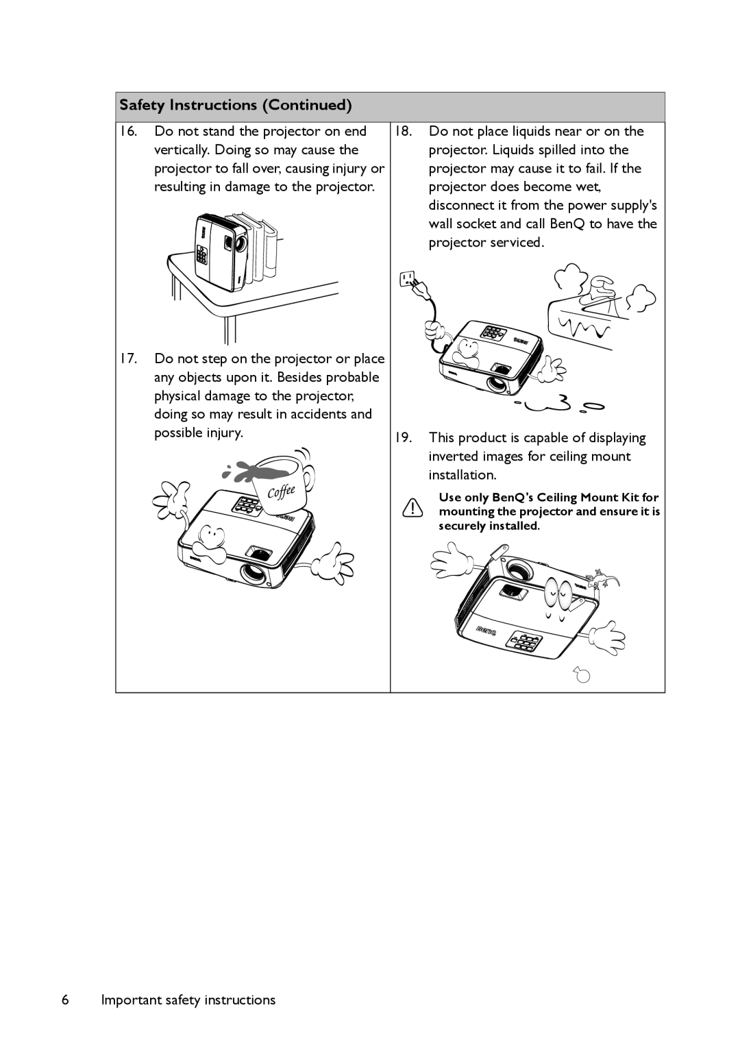 BenQ MS517 user manual Safety Instructions Continued, Important safety instructions 