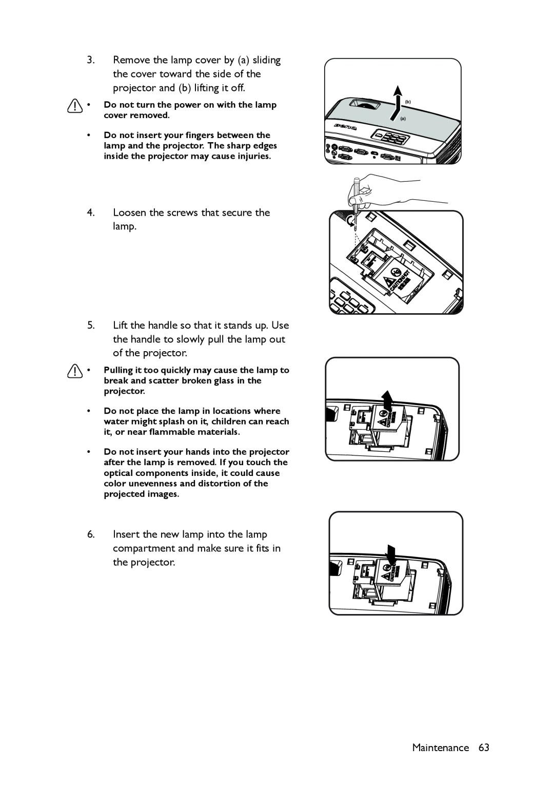 BenQ MS517 user manual Do not turn the power on with the lamp cover removed 