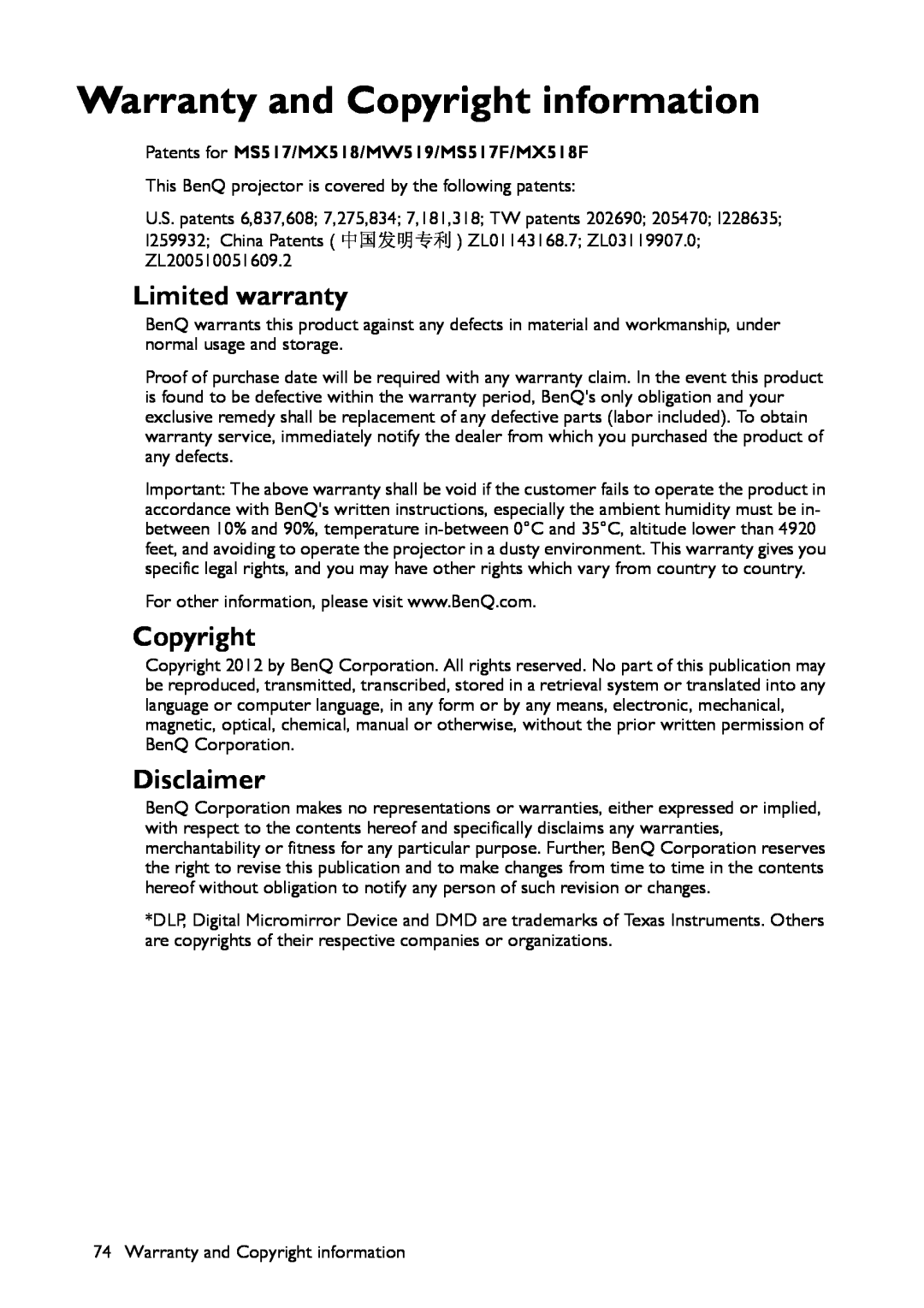BenQ MS517 user manual Warranty and Copyright information, Limited warranty, Disclaimer 