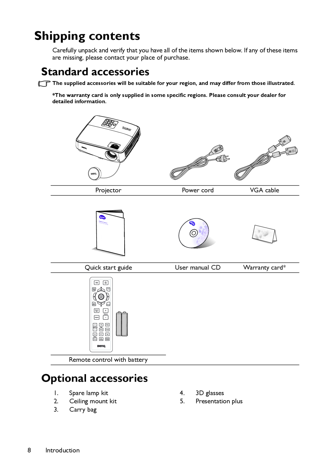 BenQ MS517 user manual Shipping contents, Standard accessories, Optional accessories 