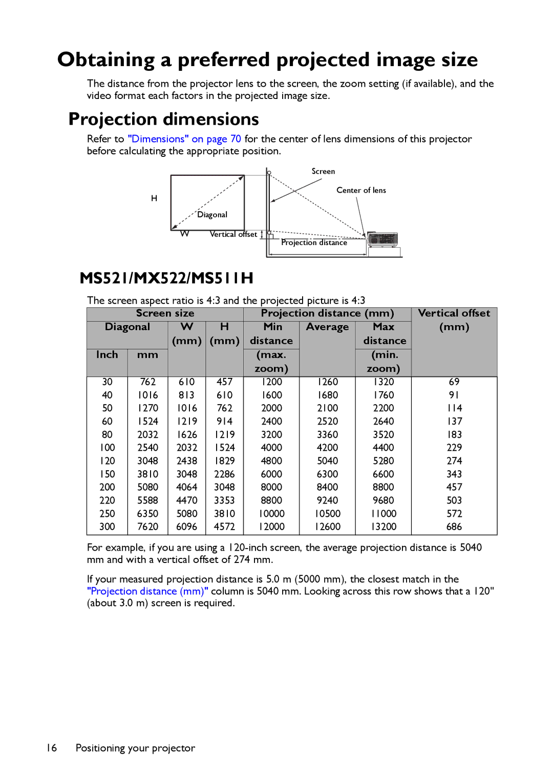 BenQ user manual Obtaining a preferred projected image size, Projection dimensions, MS521/MX522/MS511H 