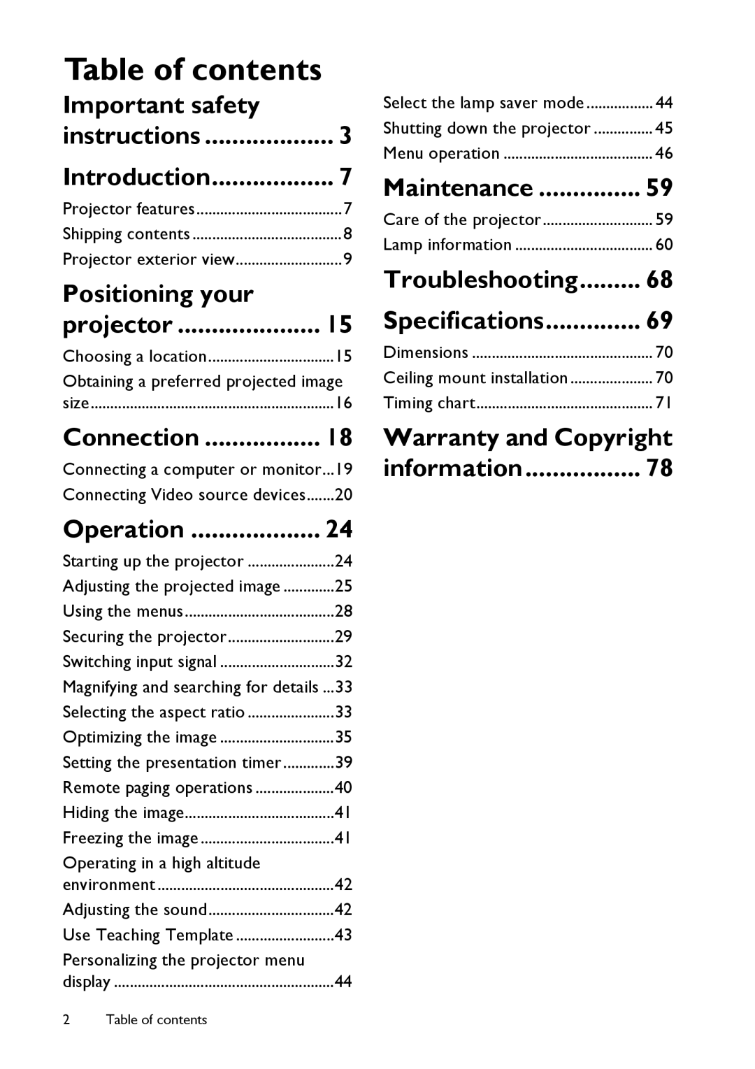 BenQ MS521 user manual Table of contents 