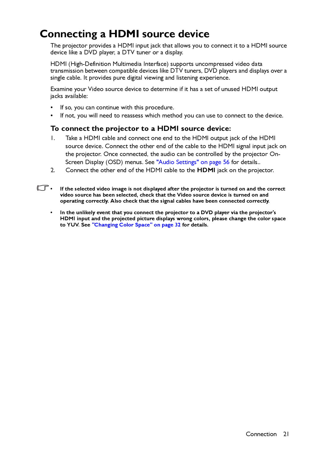 BenQ MS521 user manual Connecting a Hdmi source device, To connect the projector to a Hdmi source device 