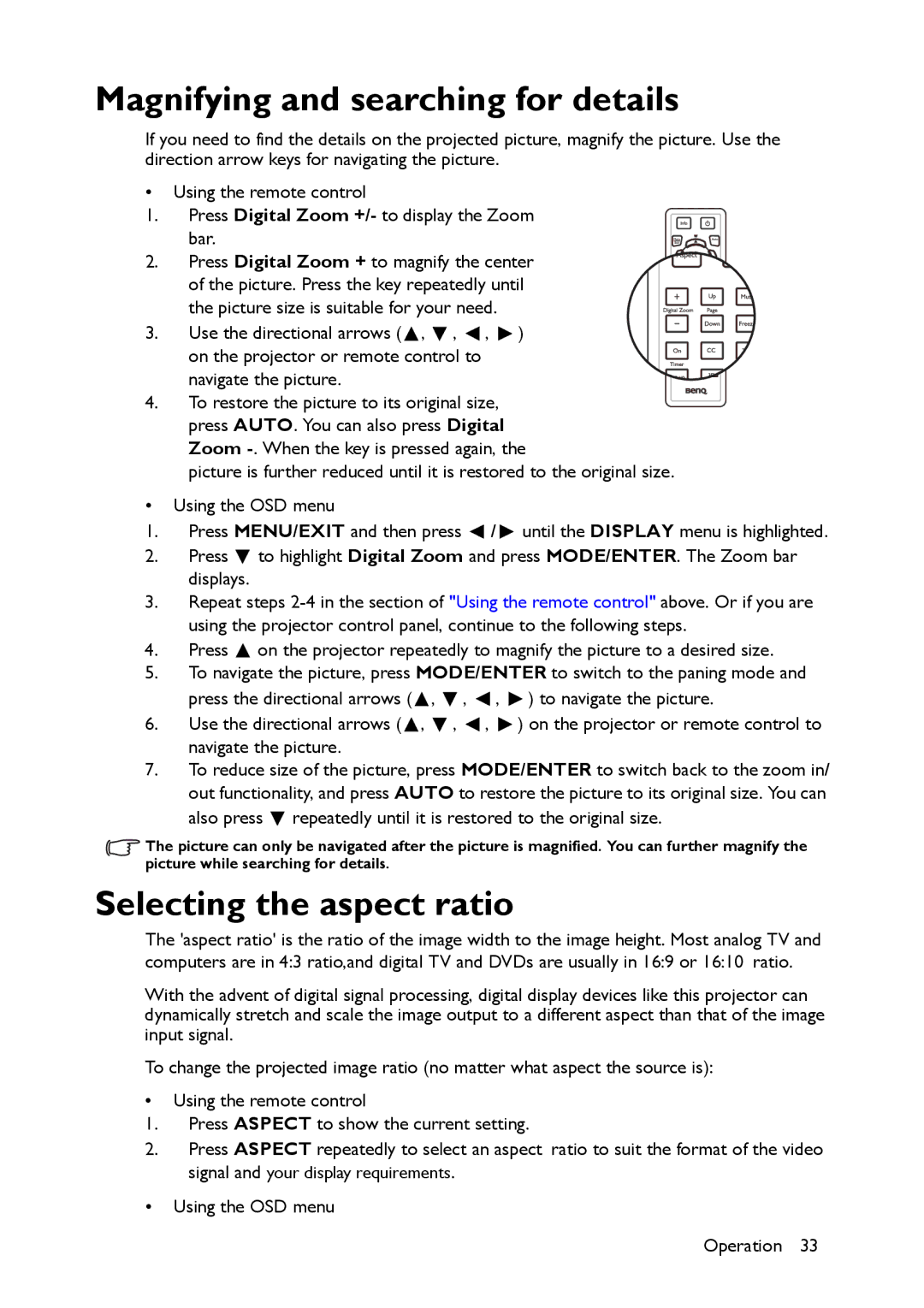 BenQ MS521 user manual Magnifying and searching for details, Selecting the aspect ratio 