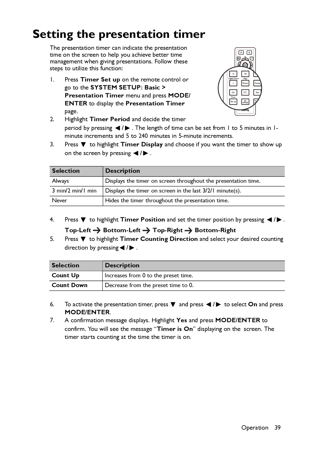 BenQ MS521 user manual Setting the presentation timer, Selection Description, Top-Left Bottom-Left Top-Right Bottom-Right 