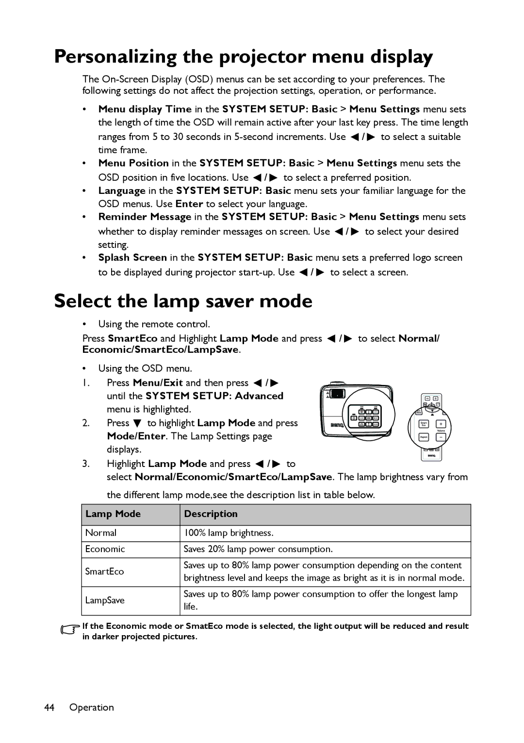 BenQ MS521 user manual Personalizing the projector menu display, Select the lamp saver mode, Lamp Mode Description 