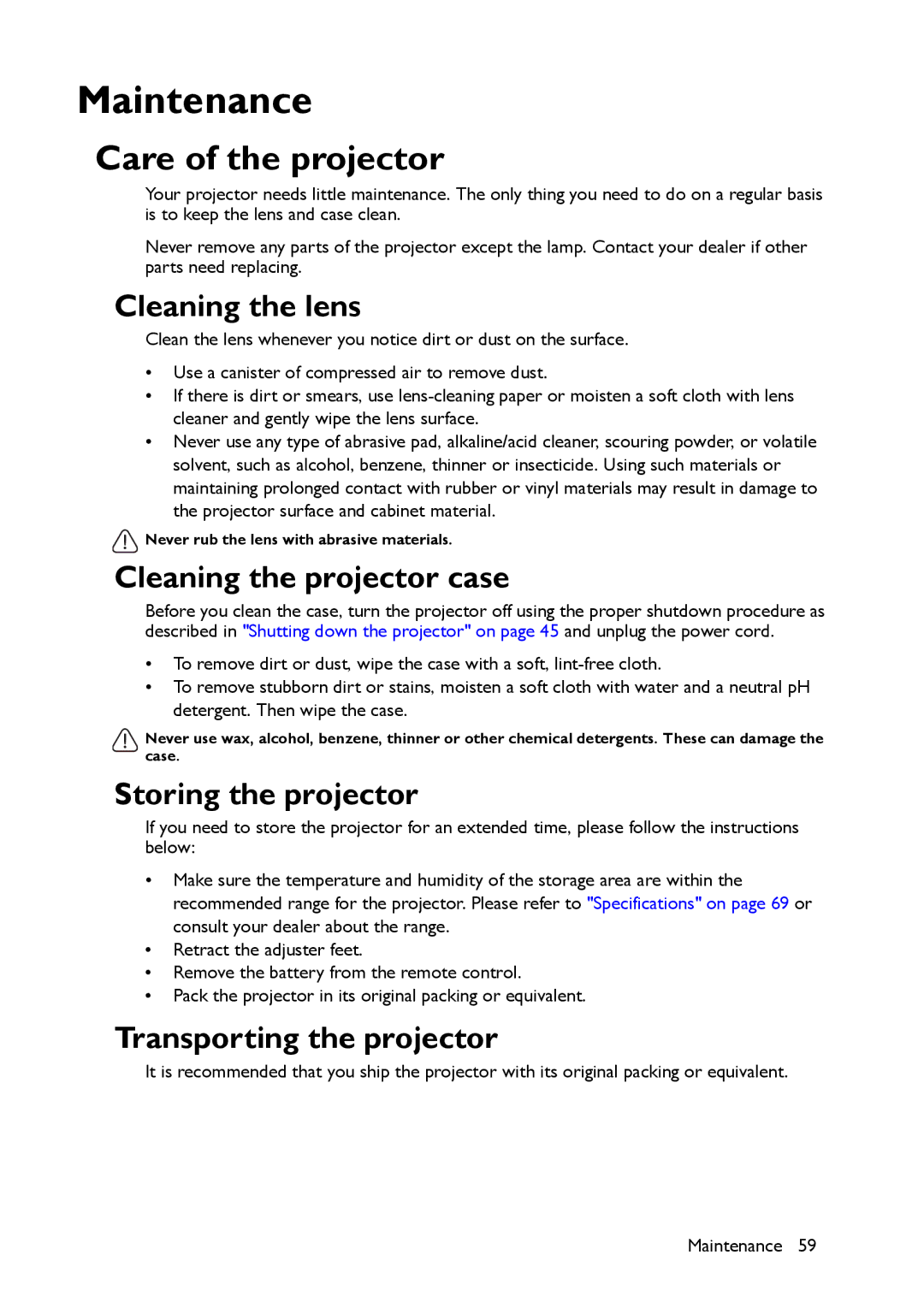 BenQ MS521 user manual Care of the projector, Cleaning the lens, Cleaning the projector case, Storing the projector 