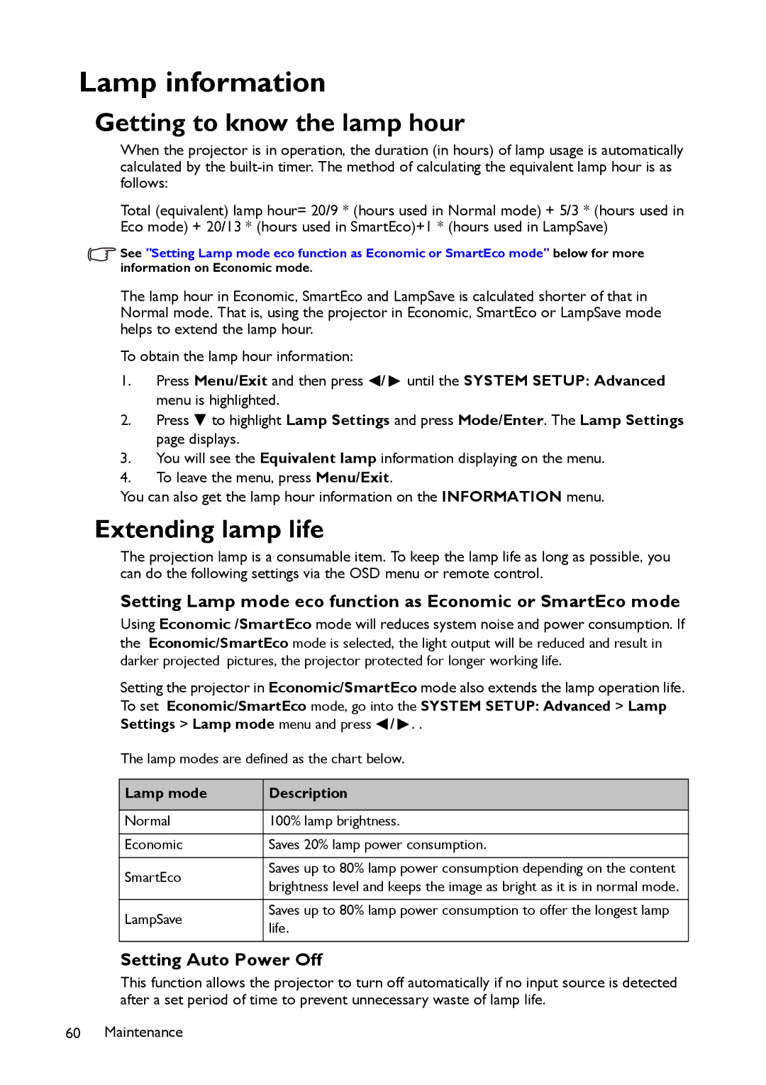 BenQ MS521 user manual Lamp information, Getting to know the lamp hour, Extending lamp life, Setting Auto Power Off 