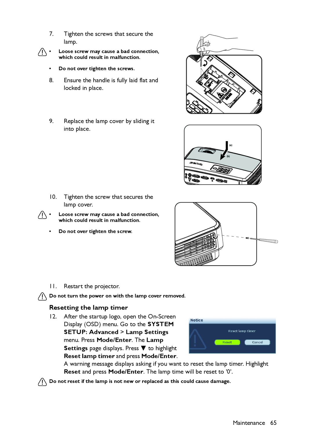 BenQ MS521 user manual Resetting the lamp timer 