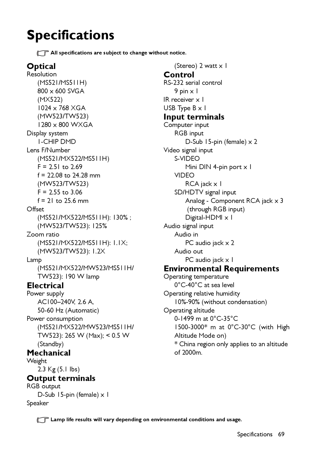 BenQ MS521 user manual Specifications 