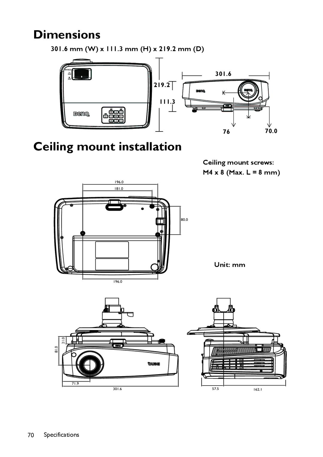 BenQ MS521 user manual Dimensions, Ceiling mount installation, 301.6 219.2 111.3 