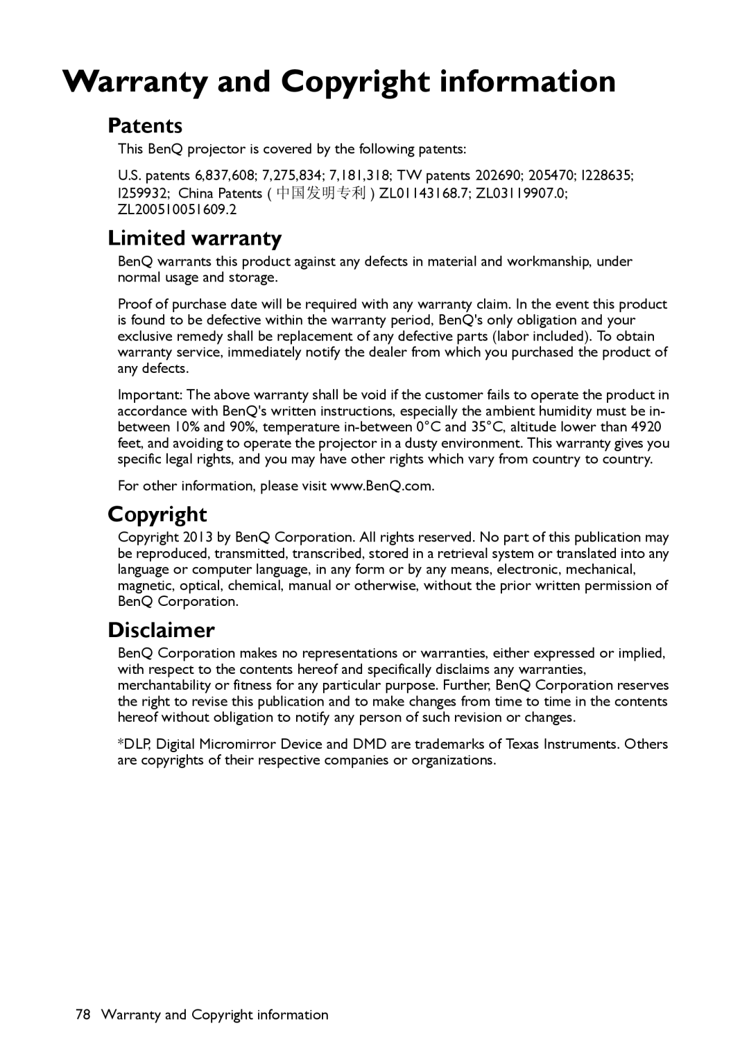 BenQ MS521 user manual Patents, Limited warranty, Copyright, Disclaimer 