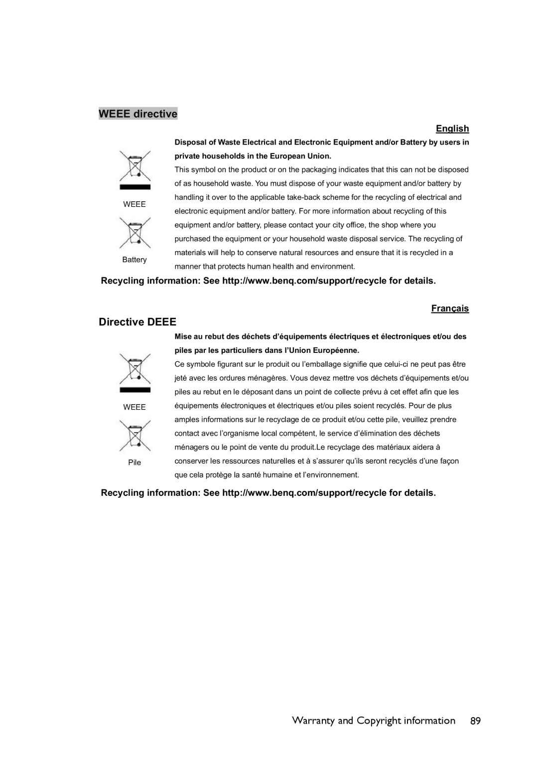 BenQ MS521 user manual Weee directive 