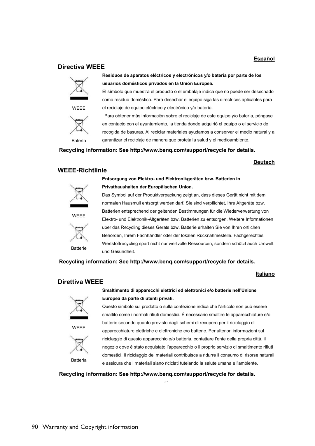 BenQ MS521 user manual Directiva Weee 