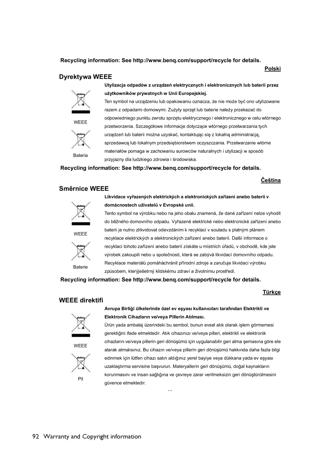 BenQ MS521 user manual Dyrektywa Weee 