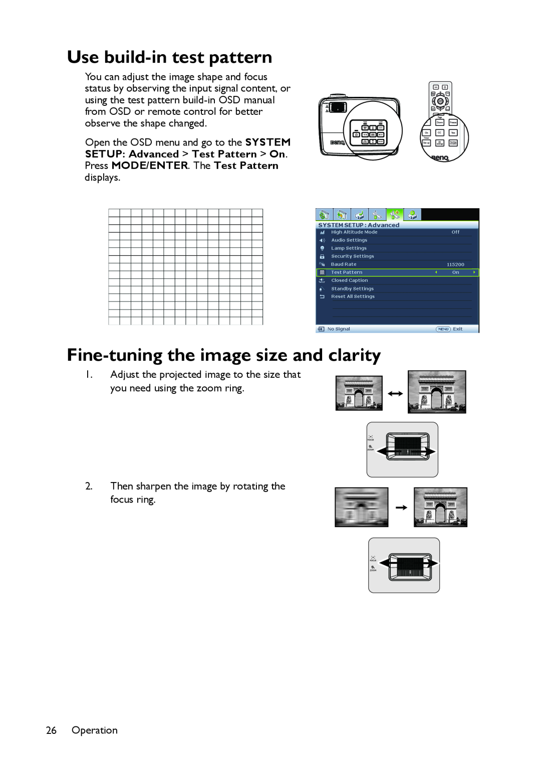 BenQ MS521 user manual Use build-in test pattern, Fine-tuning the image size and clarity 