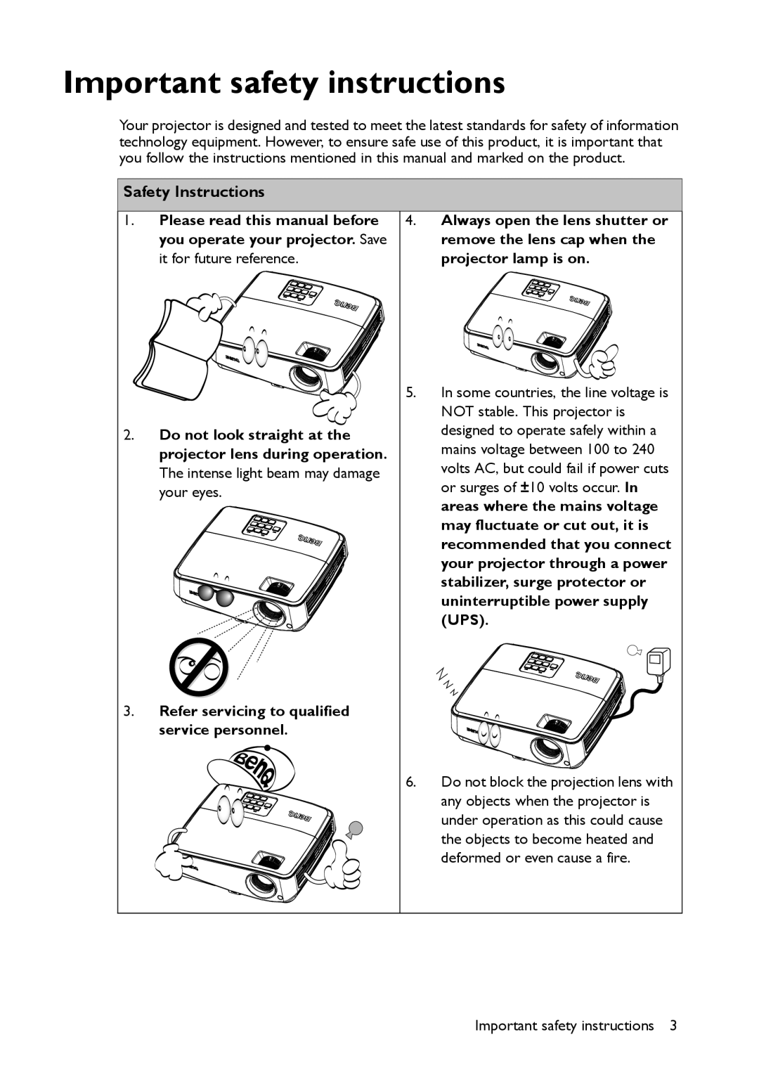 BenQ MS521 user manual Important safety instructions, Safety Instructions 