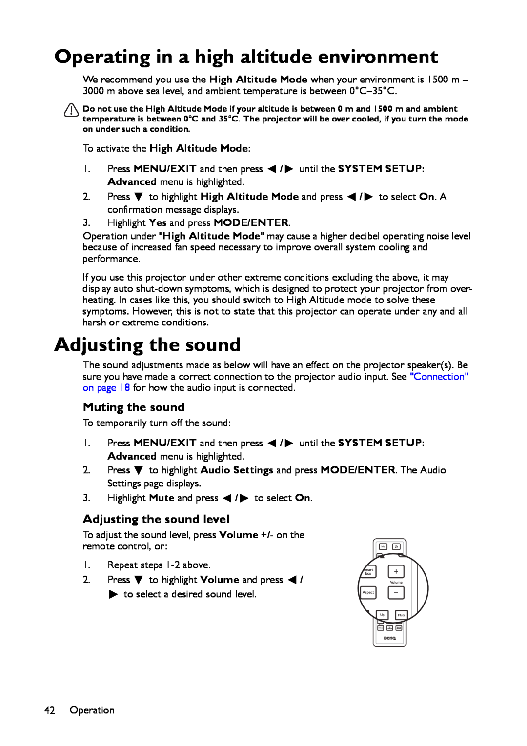 BenQ MS521 user manual Operating in a high altitude environment, Muting the sound, Adjusting the sound level 