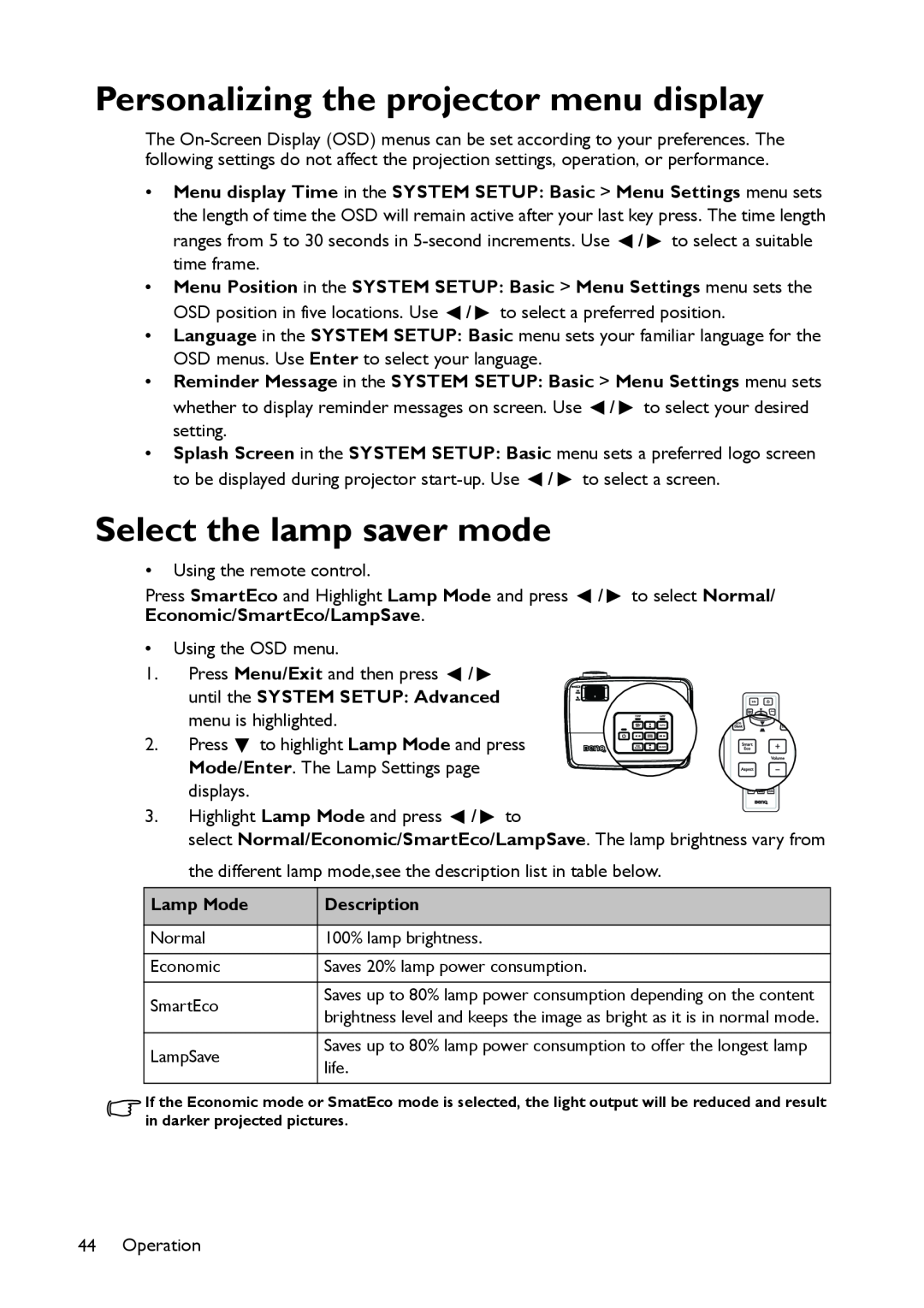 BenQ MS521 user manual Personalizing the projector menu display, Select the lamp saver mode 