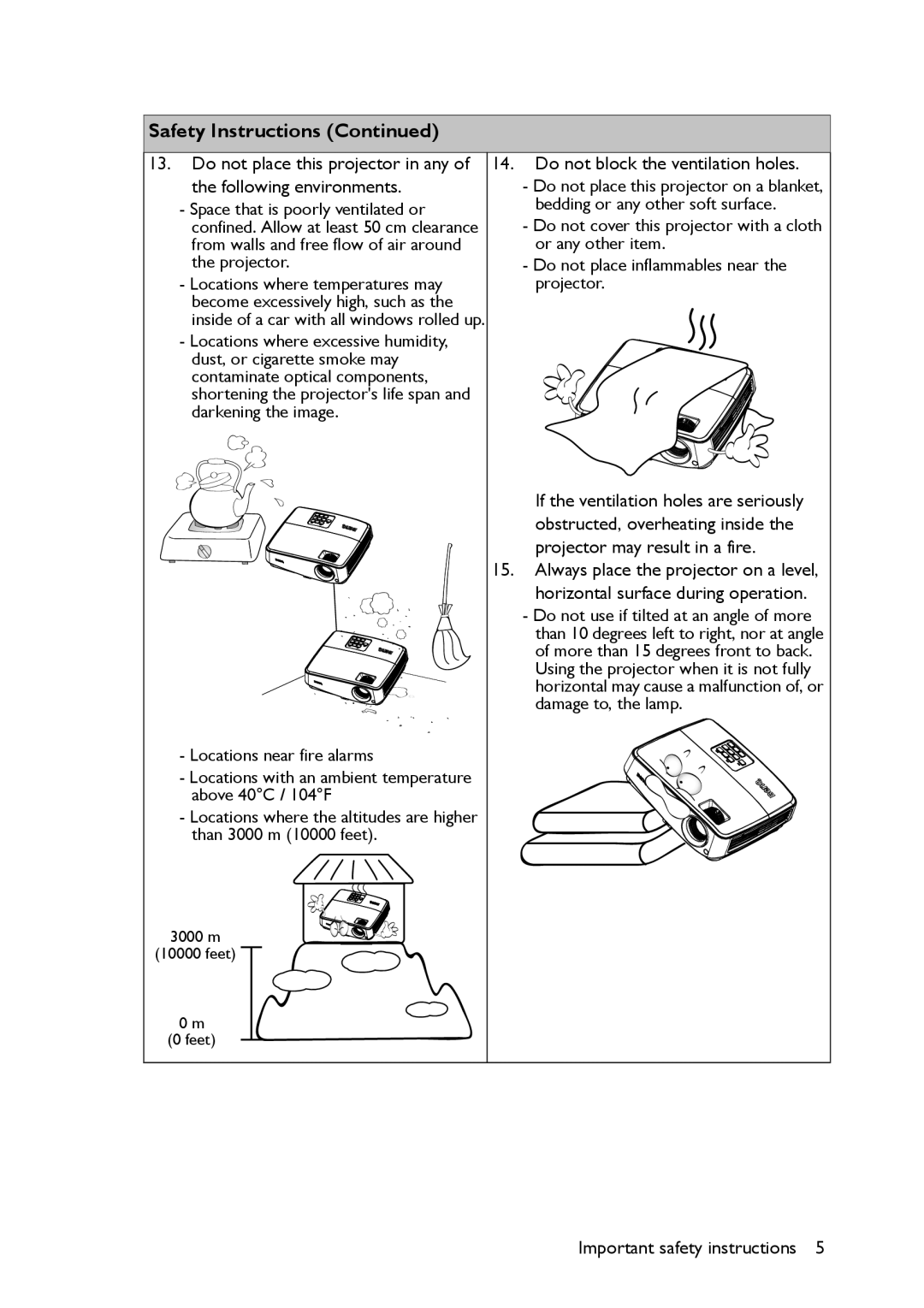 BenQ MS521 user manual Safety Instructions Continued, 3000 m 10000 feet 0 m 0 feet 