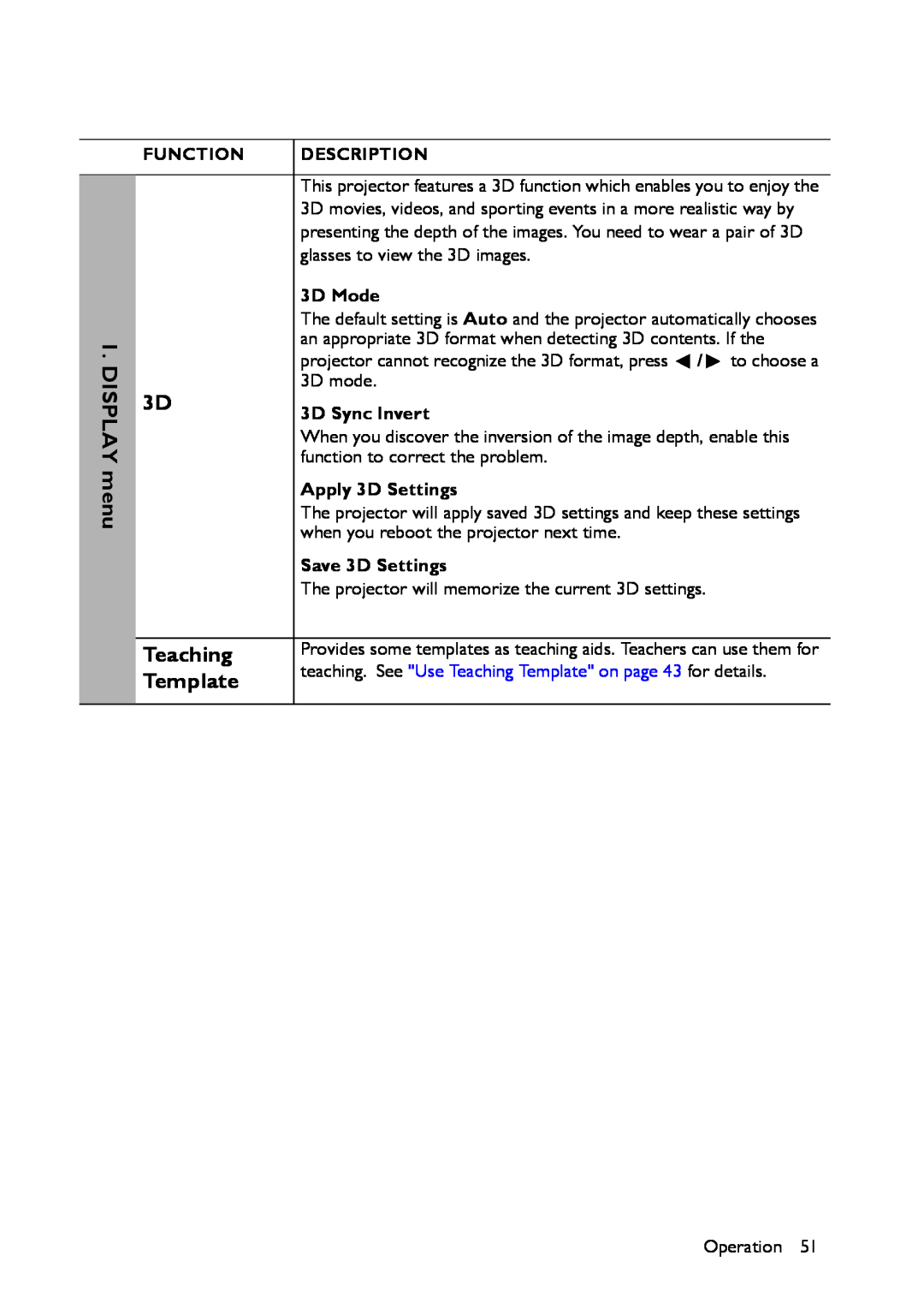 BenQ MS521 user manual teaching. See Use Teaching Template on page 43 for details 