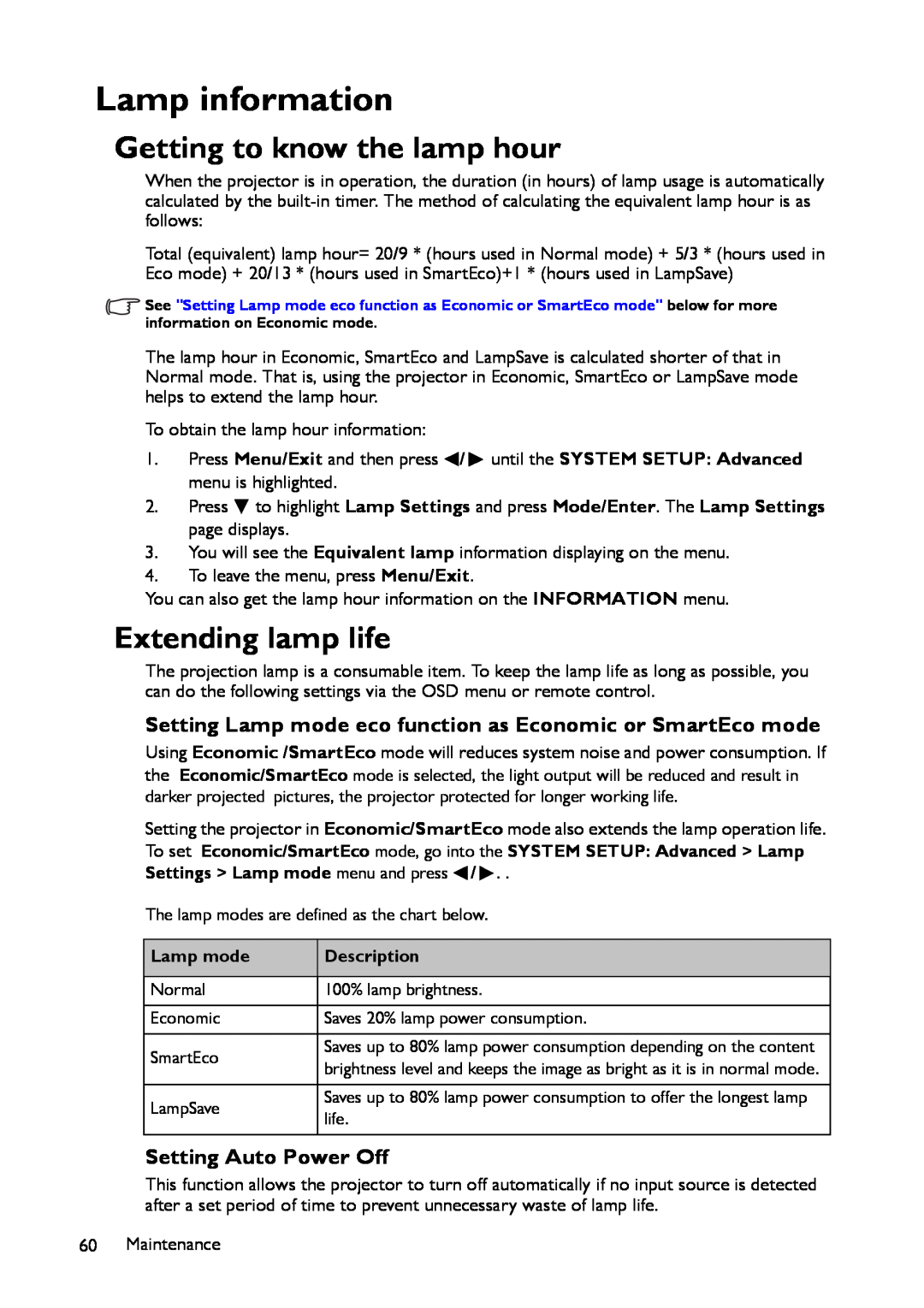 BenQ MS521 user manual Lamp information, Getting to know the lamp hour, Extending lamp life 