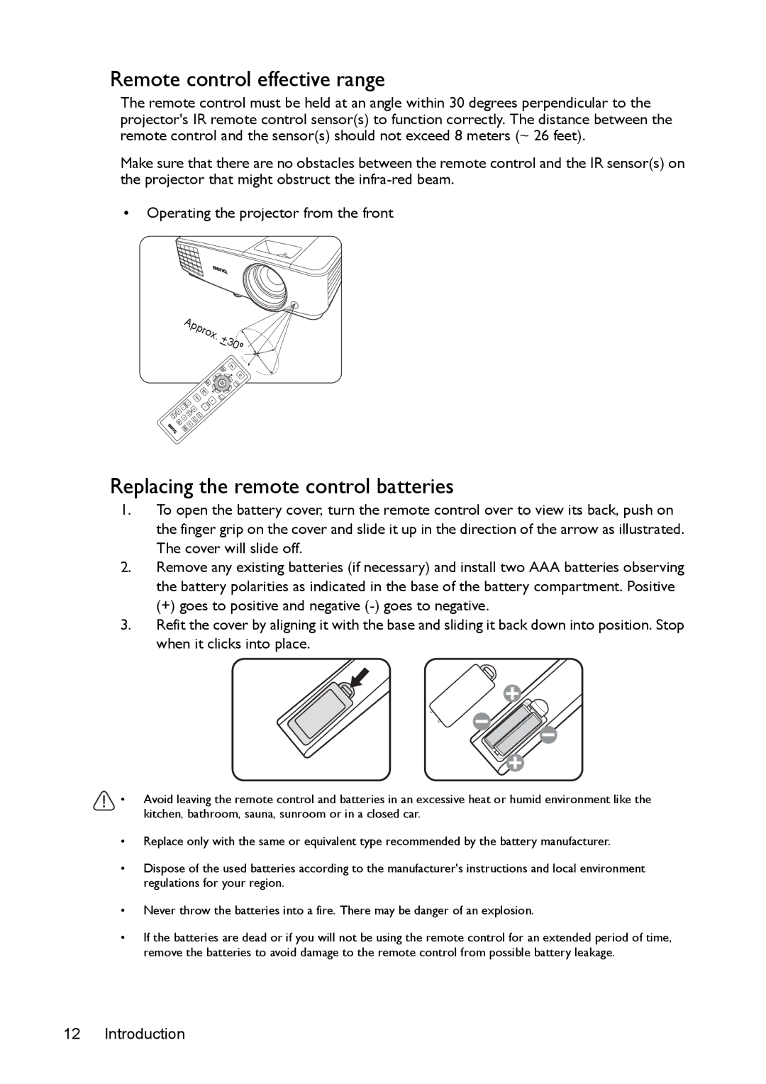 BenQ MS524/MS514H/MX525/MW526/TW526 user manual Remote control effective range, Replacing the remote control batteries 