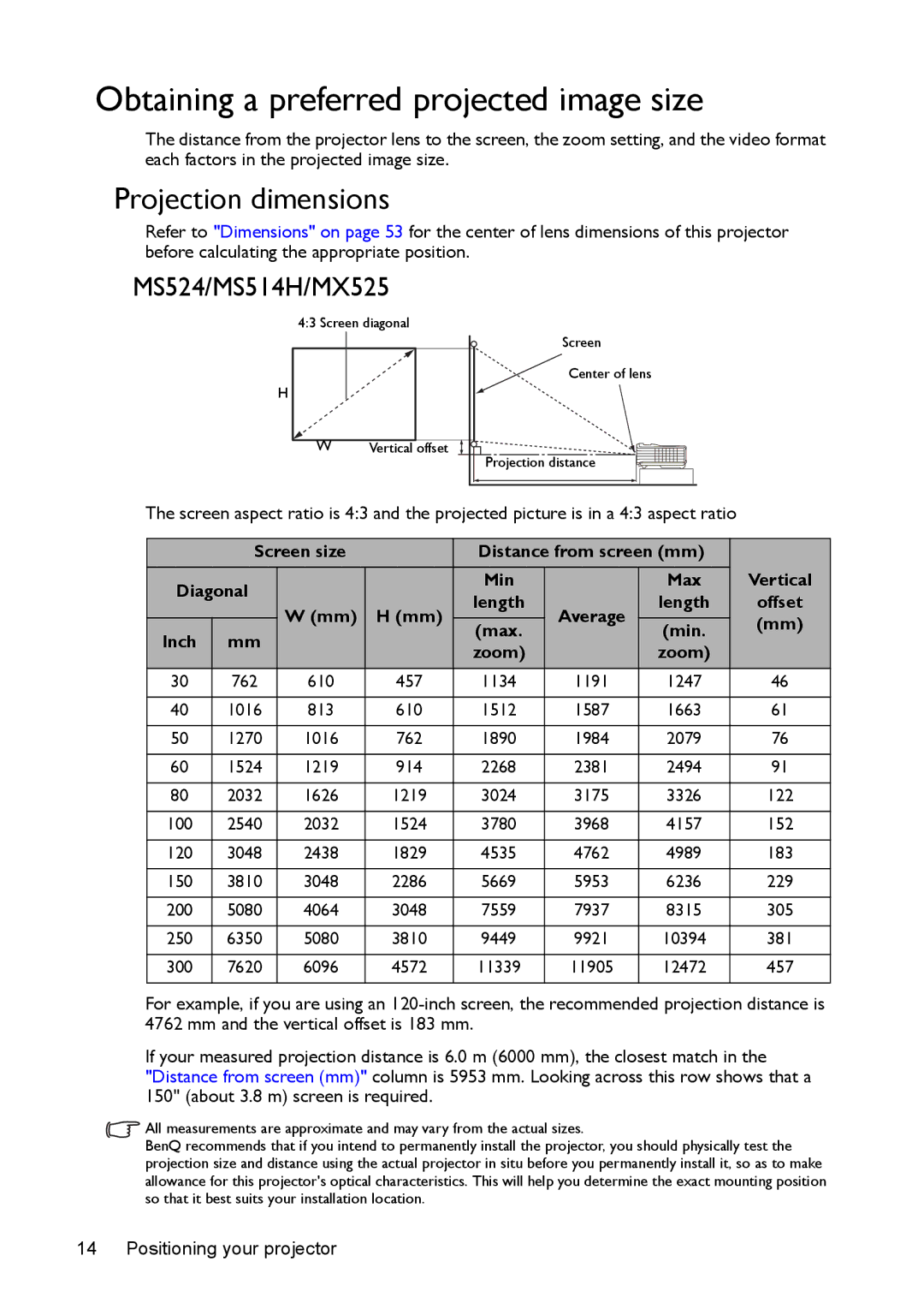 BenQ MS524/MS514H/MX525/MW526/TW526 user manual Obtaining a preferred projected image size, Projection dimensions 